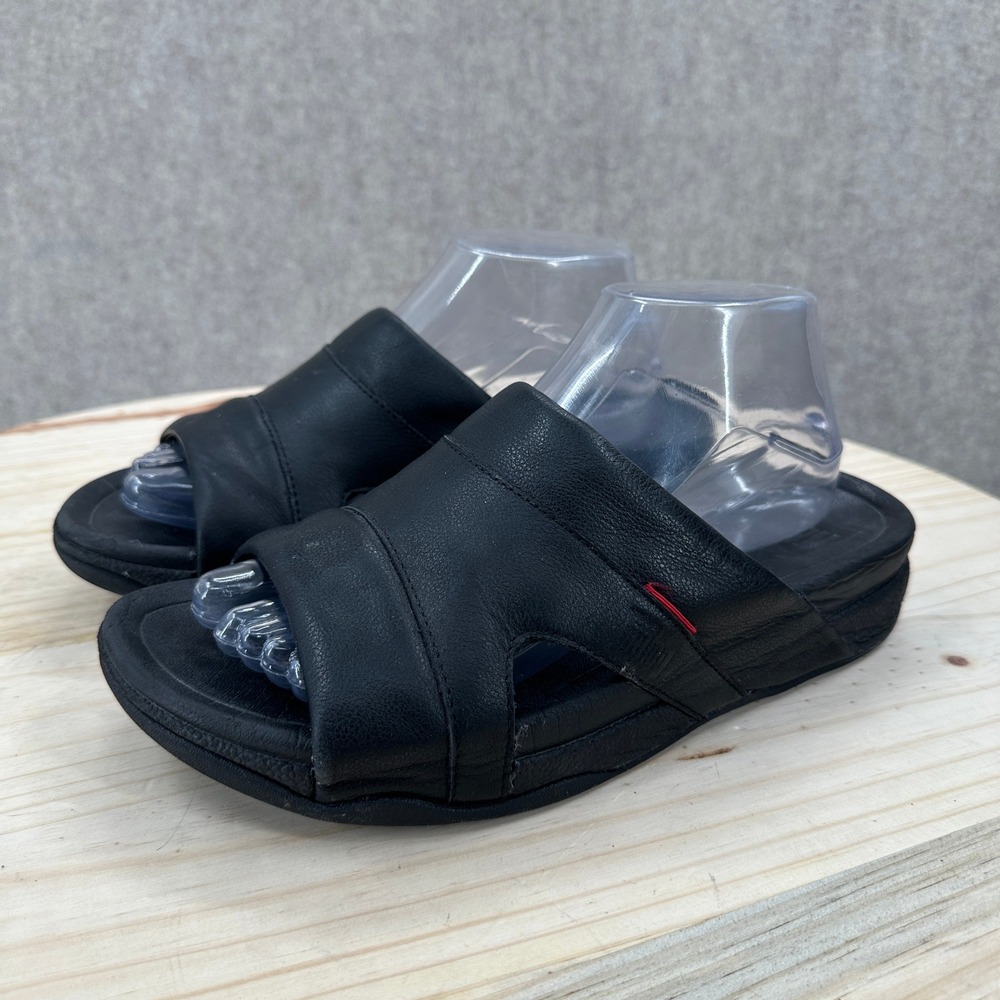 FitFlop Freeway Pool Slides Mens 8 Black Leather Comfort Sandals